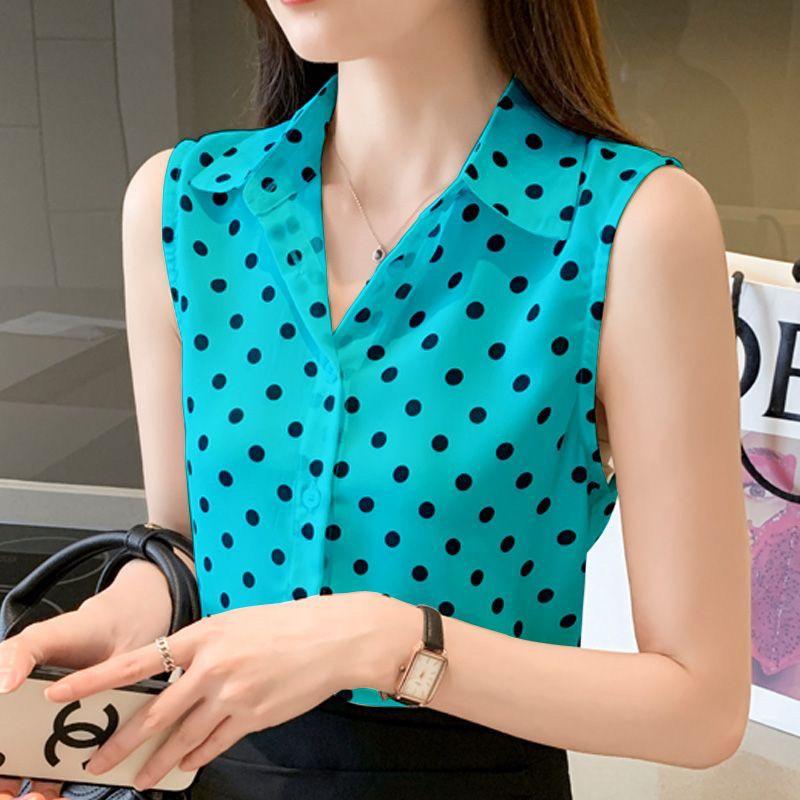 Fashion Summer Tank Blouses Korean Commuter Printed Polka Dot Polo Collar Sleeveless Chiffon Loose Button Women's Shirts
