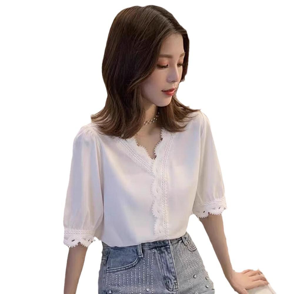 

Женская рубашка Удобные и универсальные топы Нарядная белая шифоновая рубашка с коротким рукавом Модная супер сказочная кружевная рубашка Темпераментный элегантный модный топ 3XL белый