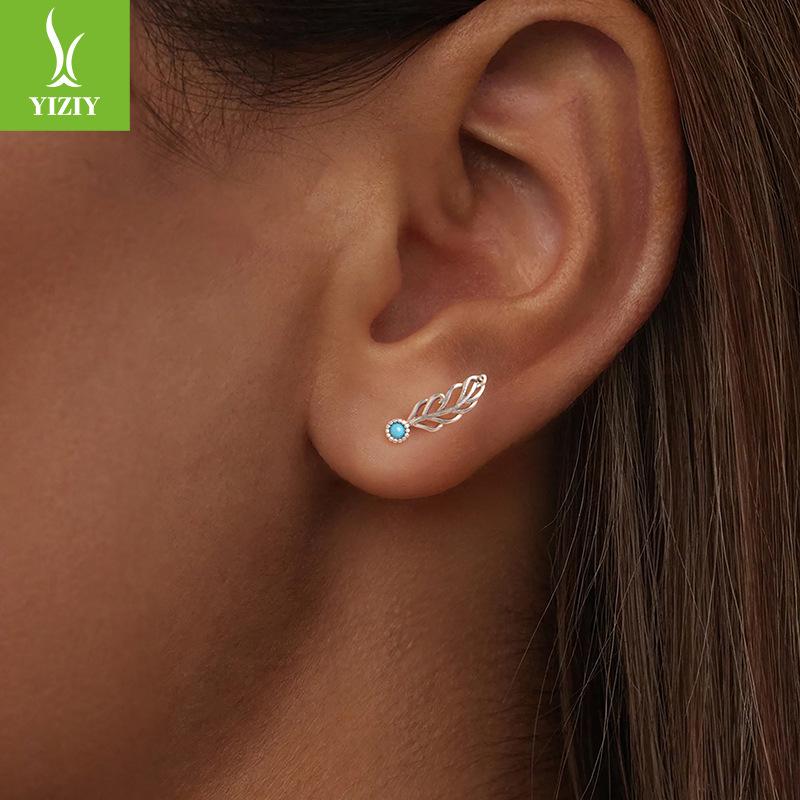 Elegant Retro Turquoise Feather Stud Earrings For Women, Charm Temperament S925 Sterling Silver Wing Earrings