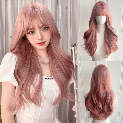 Pink Brown Curly Wigs Air Bangs 24 Inch  Fiber Synthetic Wigs Heat-resistant Natural Party or Selfie For Women Korean Fashion