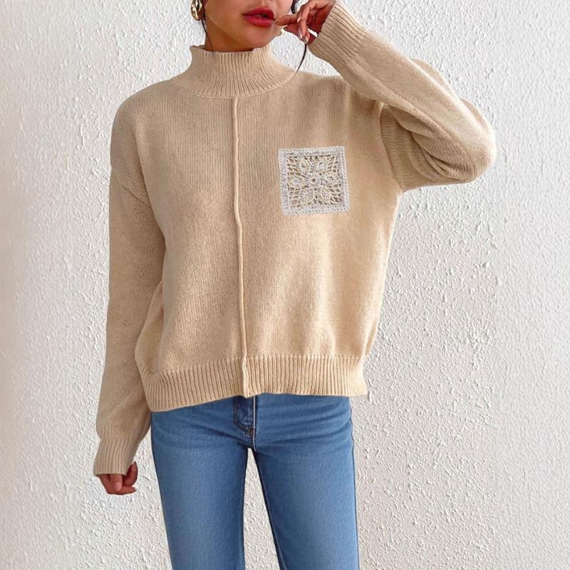 European and American Women's Half-high Neck Pullover Sweater Sequin Hollow Pocket Splicing Sweater