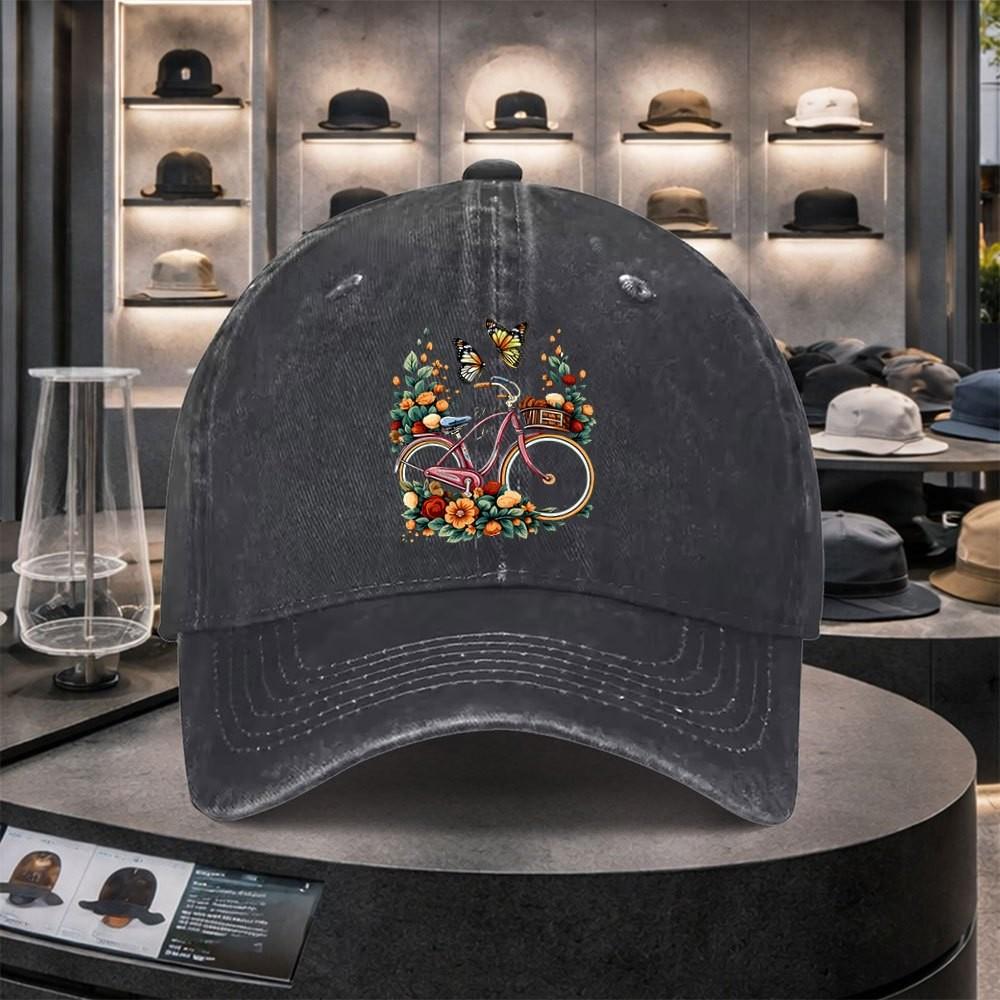 Bicycle Butterfly Floral Print Washed Denim Baseball Cap Adjustable Cotton Outdoor Sports Hat 1pc