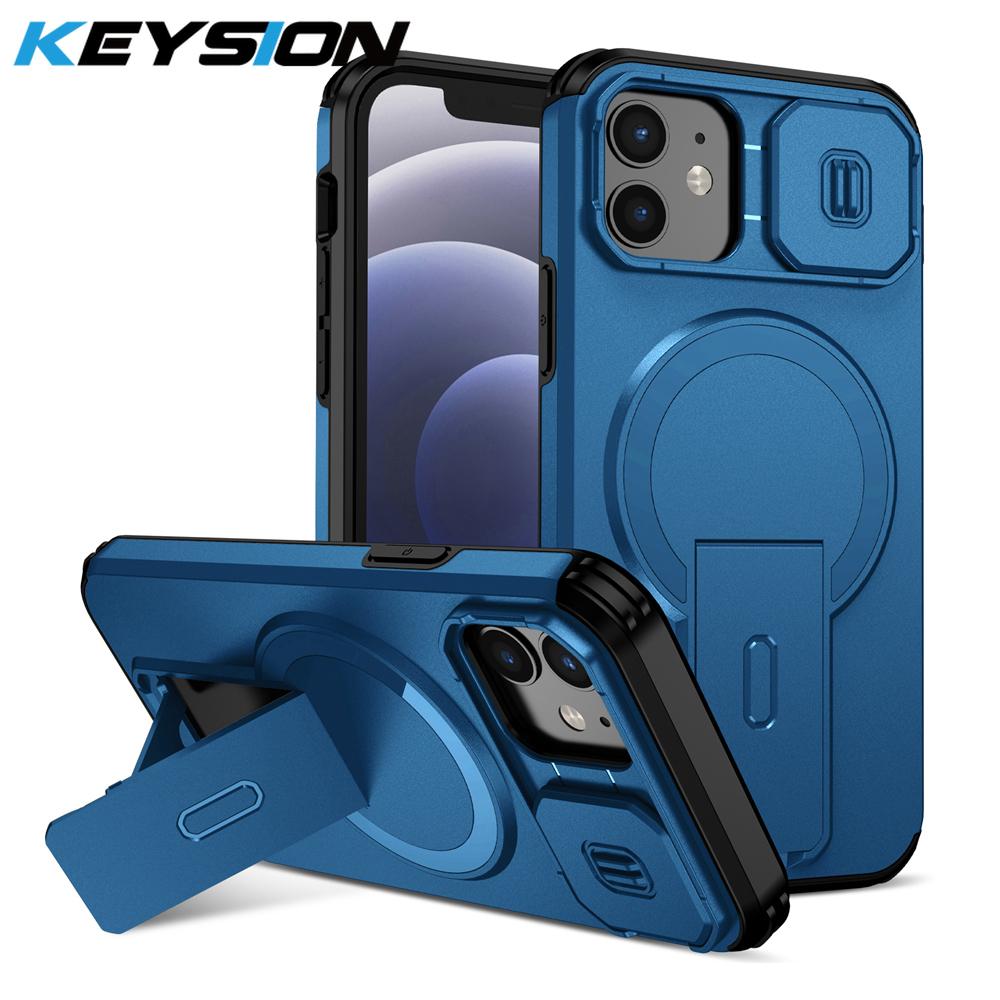 KEYSION Shockproof Magnetic Case for iPhone 11 12 Pro Max Slide Camera Lens Protect Kickstand Wireless Charging Phone Back Cover