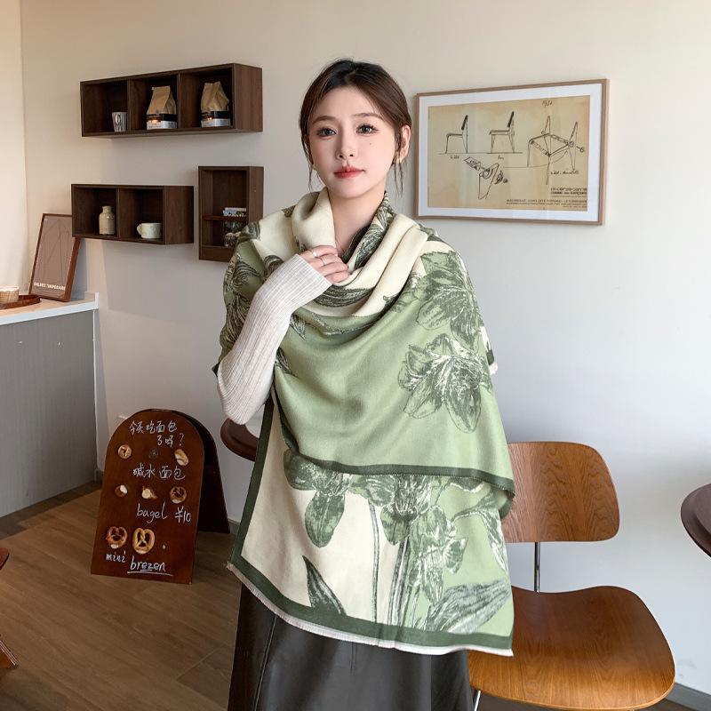 New Blanket Dual Use Imitation Cashmere Office Cloak Scarf Shawl High End Stitching Large Flower Scarf