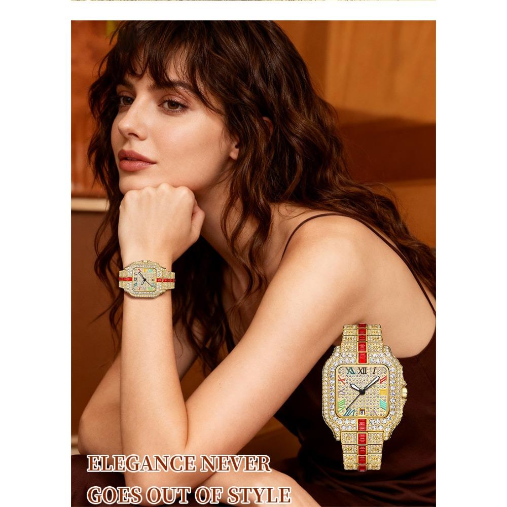 Hip Hop Iced Square Quartz Watch for Men Full Diamond Calendar Luxury Watch