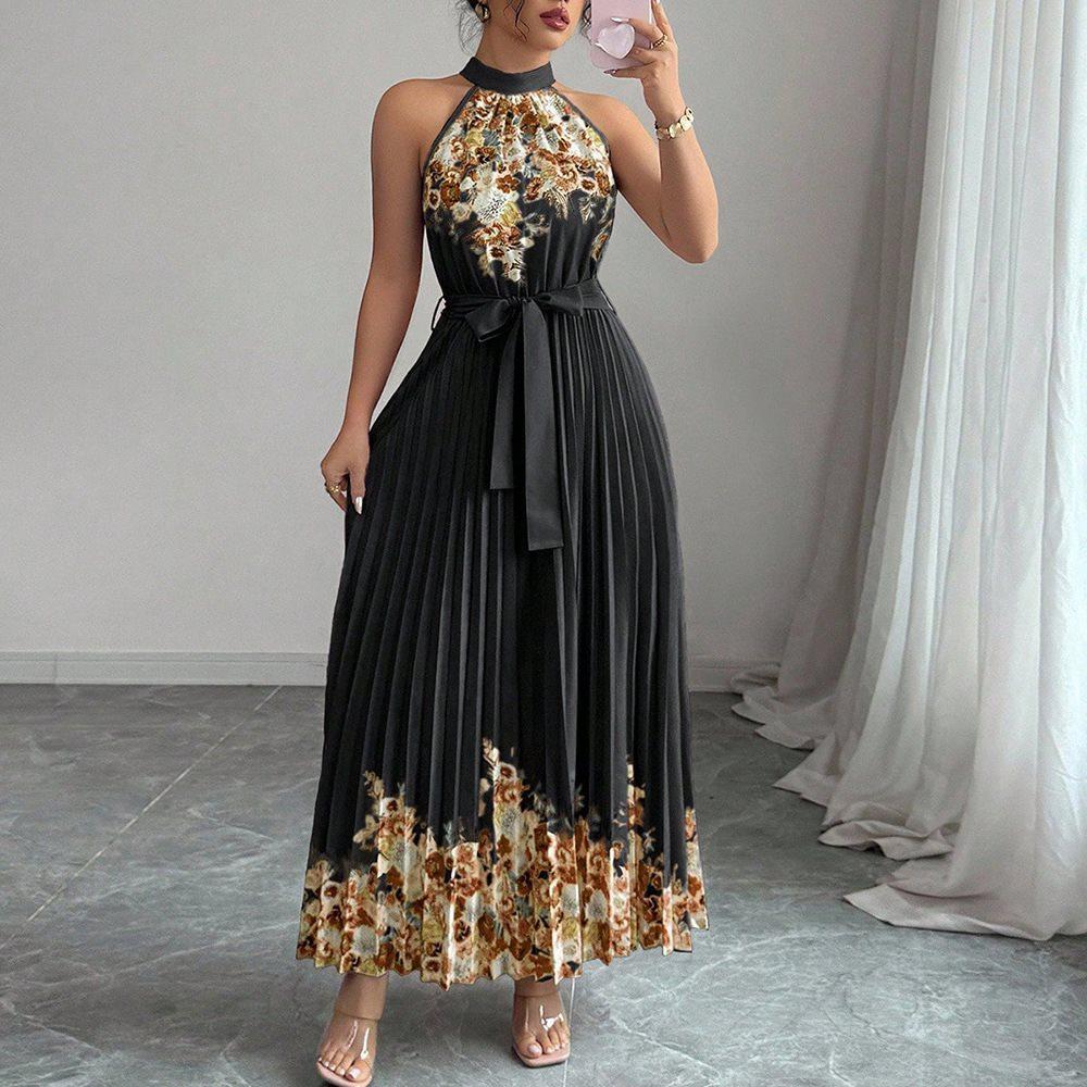 2025 European & American Style Women's Printed Pleated Long Dress
