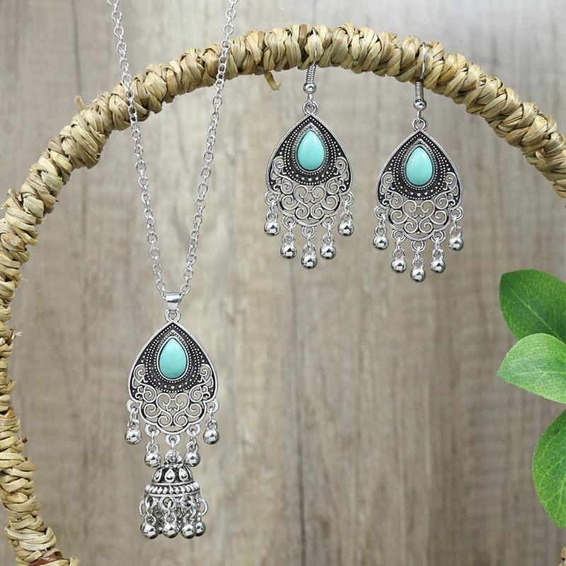 GemChic Women's New Classical Ethnic Alloy Hollow Bell Tassel Pendant Necklace Earrings Two Piece Set Birthday Christmas Jewelry Gift