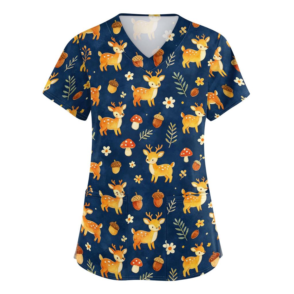 Women's V Neck Short Sleeve Work Top with Pockets Animal Print Medical Scrub Shirt for Healthcare Professionals Comfortable Fit