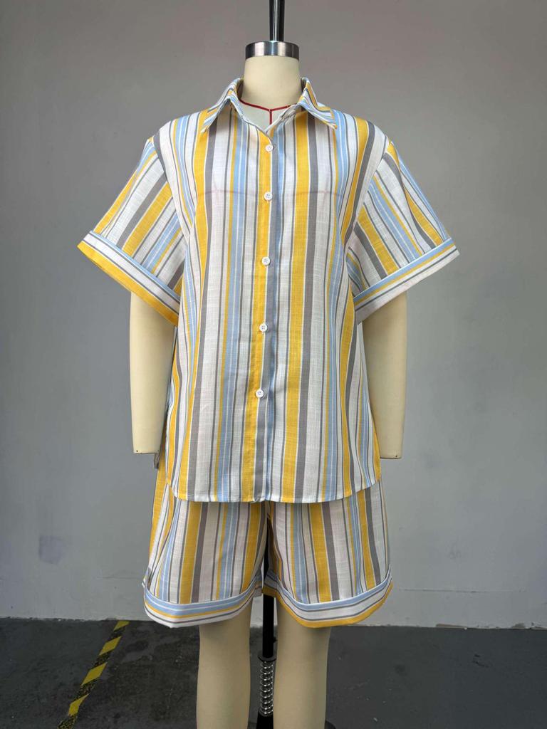 European & American Women's Striped Short-Sleeve Shirt & High-Waisted Shorts Set - Summer 2026 Collection