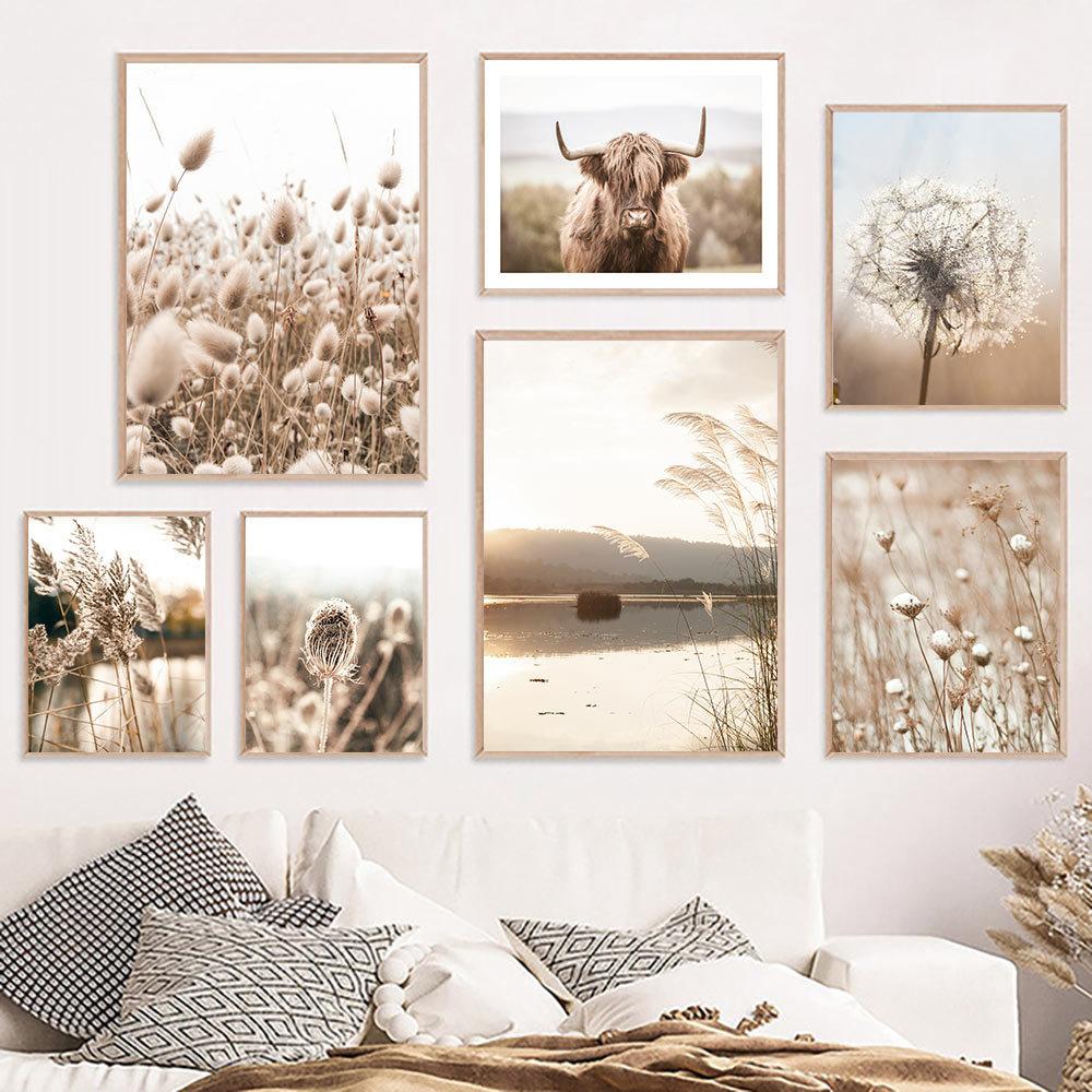 Dried Grass Wall Art Print Nordic Posters Highland Elk Canvas Painting Landscape Dandelion DecorationPictures for Home Room Art