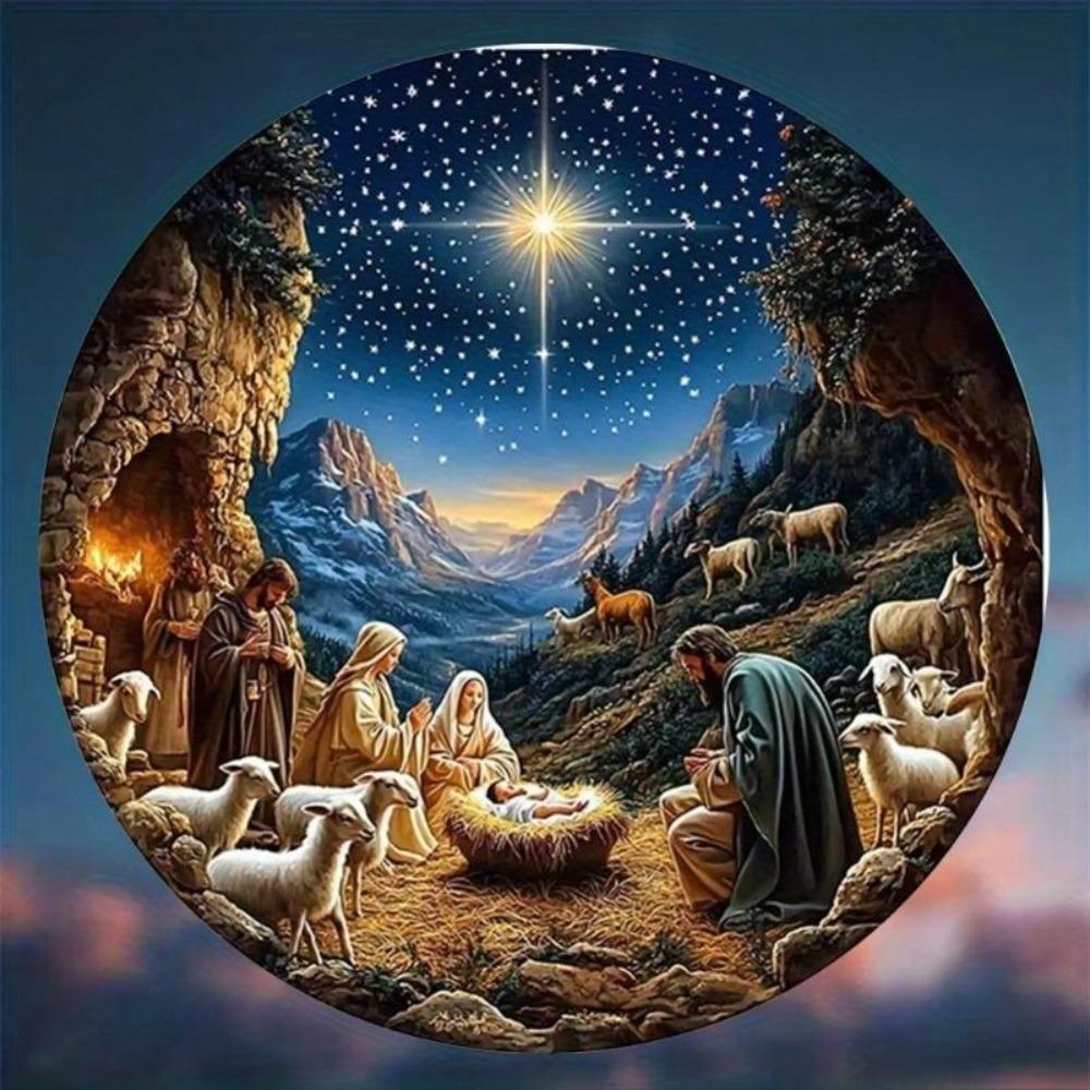 2D Metal Wall Art Vintage Nativity Scene 8 Inch Round Sign Easter Gift Shepherd Bar Decor