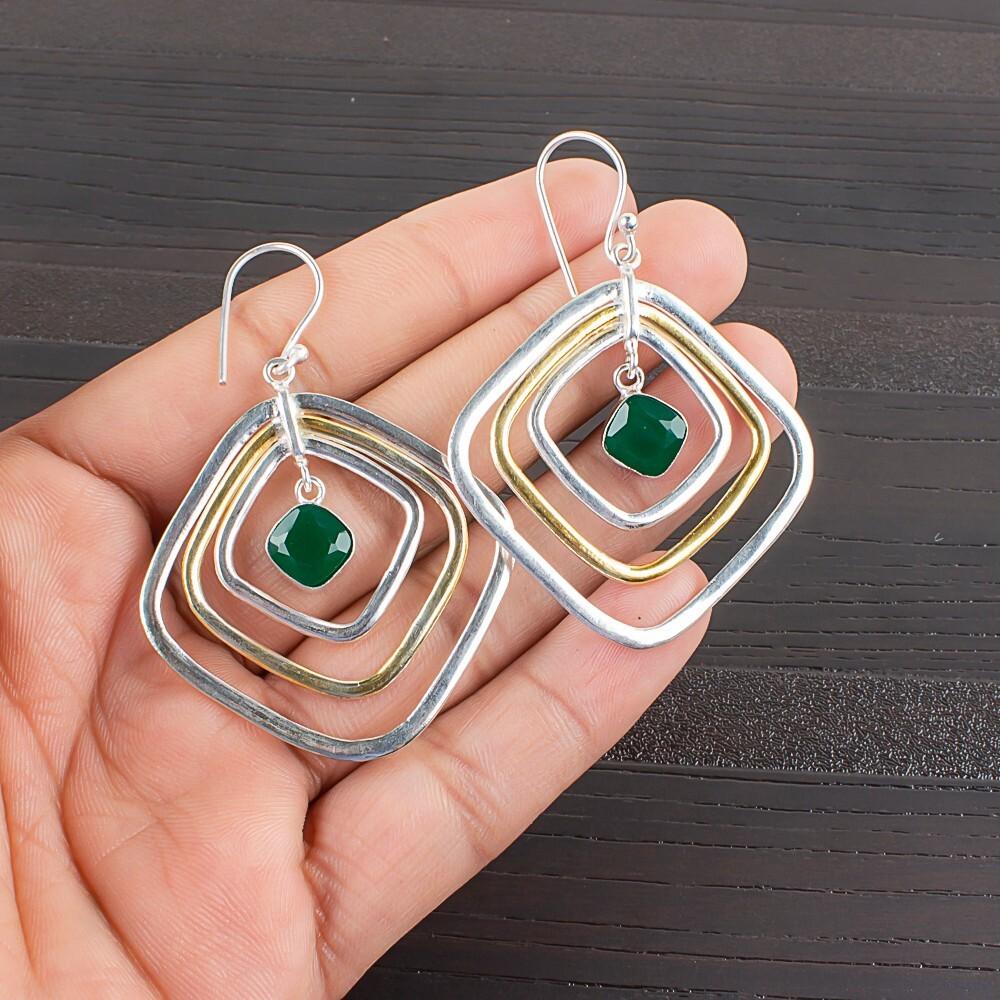 Grüner Onyx Edelstein 925 Sterlingsilber Handgefertigter Schmuck Ohrringe 2,44" Zum Verschenken EE-70-14