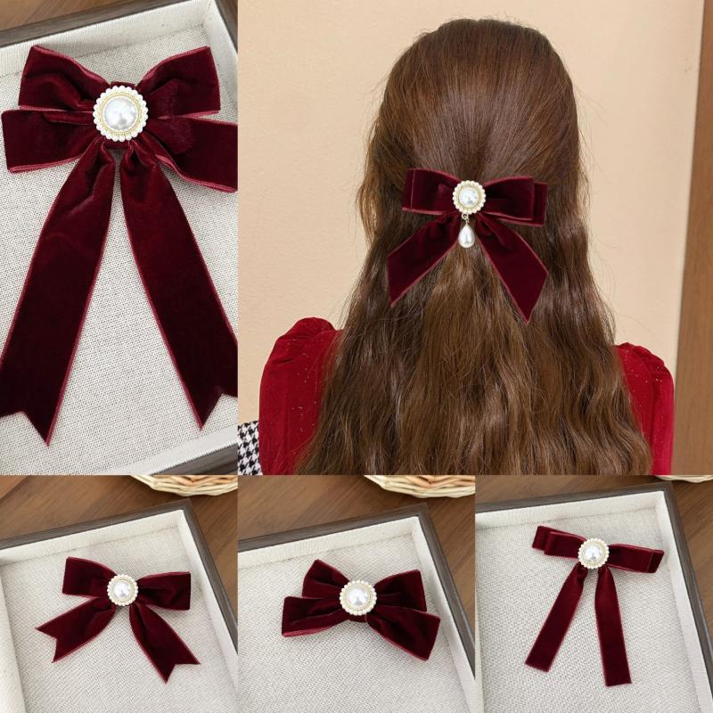 Retro Imitation Pearl Velvet Bow Hair Clip for Women Elegant Back-of-the-Head Hairpin for Banquets And Parties