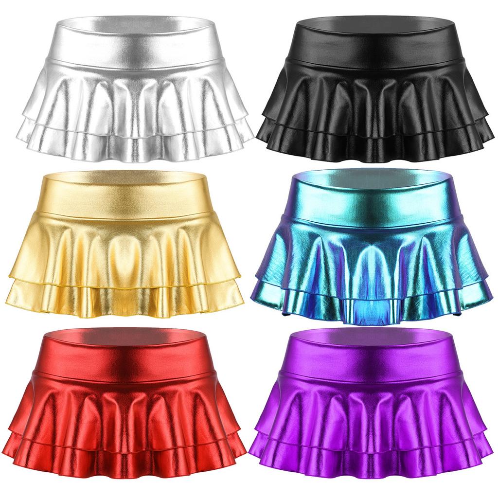 Frauen Sexy Clubwear Metallic Plissee Low Rise Doppellagiger Rüschen Minirock Tanzkostüm