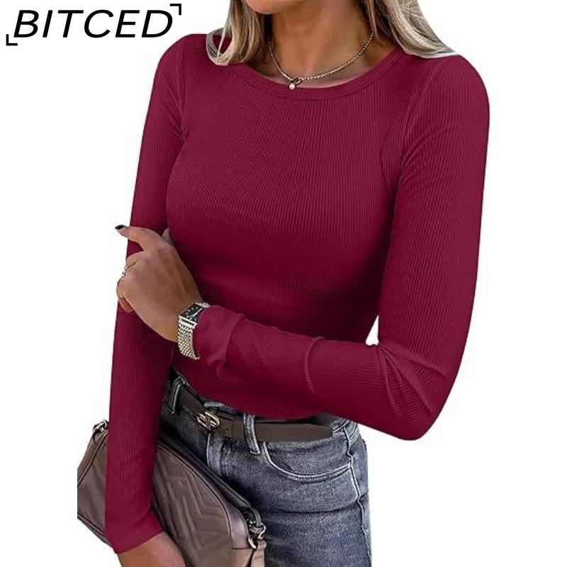 BITCED Women's Long-Sleeved Stretch O-Neck Ribbed T-Shirt Fitted Casual Basic Top