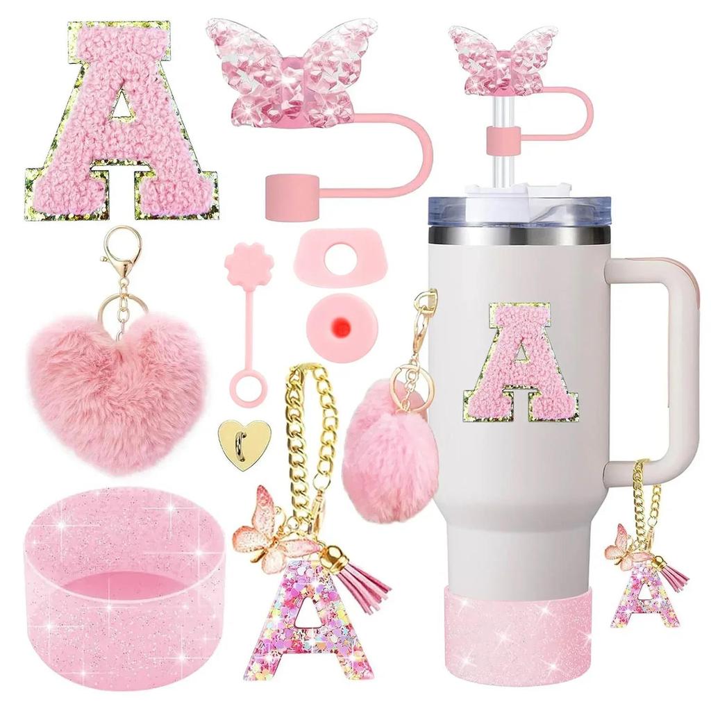 9PCS Accessory Set for Stanley Cup 30oz 40oz Butterfly Straw Cover Cap Silicone Boot Charm Initials Sticker Spill Proof Stopper Cup Holders 5