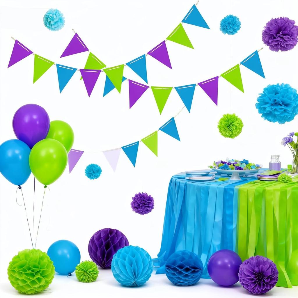 Blue Green and Purple Pennant Banner Flags,36pcs Double Sided Triangle Garland Flag for Baby Shower Birthdays Graduation Party Decorations