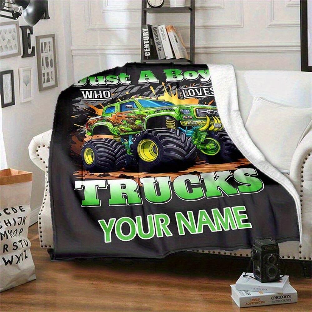 1Pc Customizable Green Monster Truck Blanket "Just Who Loves Trucks" Design Cozy Flannel Throw For Sofa Bed Travel