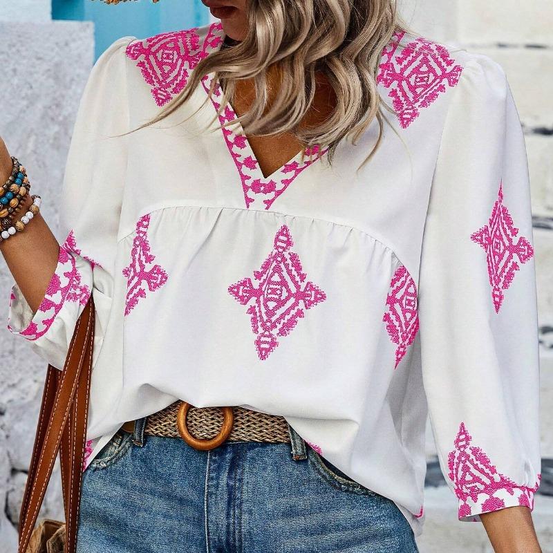 Summer New Fashion Printed V-neck Loose Blouse Women Seven Quarter Sleeve Casual Women's Shirts Tops Vintage Simple Slim Fit Female Blouses 26426