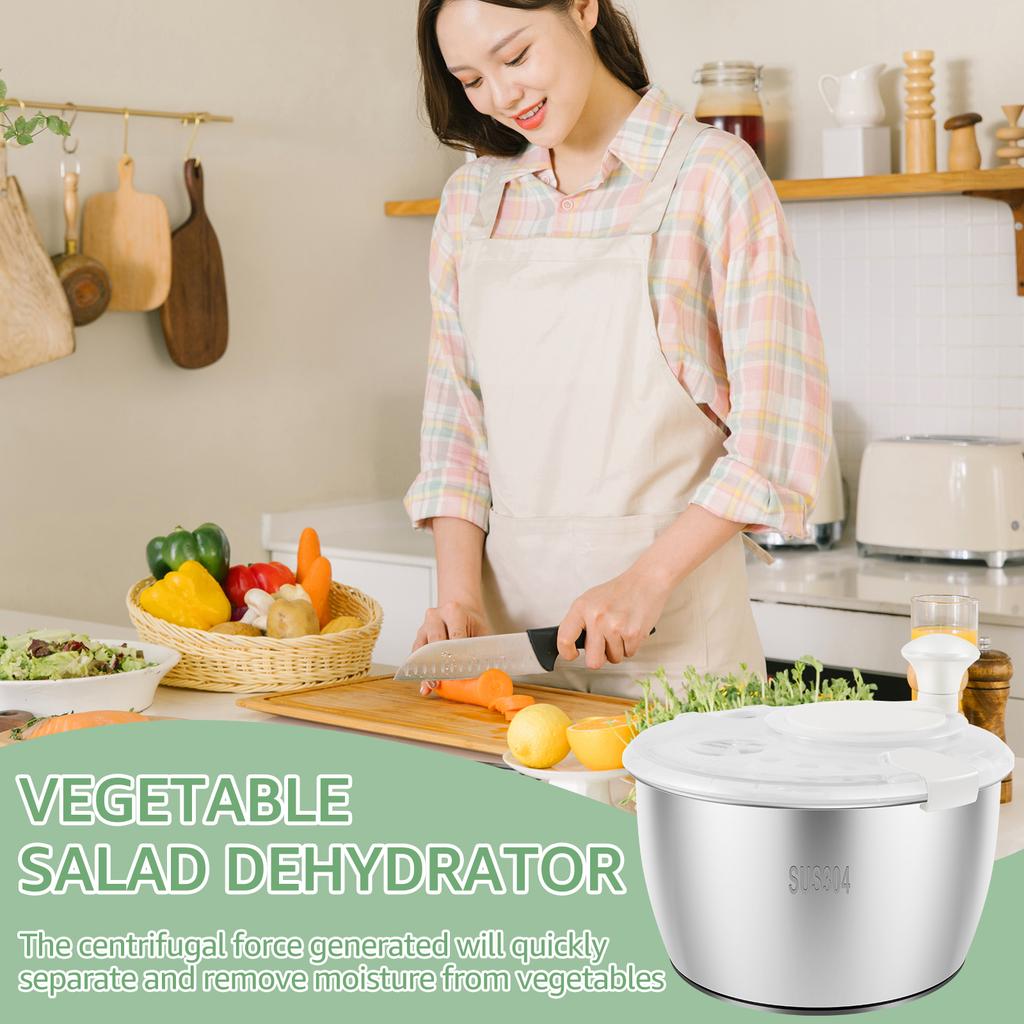 5L Salad Spinner 304 Stainless Steel Lettuce Spinner Washer Nonslip Base Vegetable Dryer with Drainage Holes Kitchen Utensils
