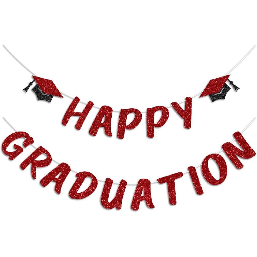 Red Happy Graduation Banner for 2026 Grad Party Decorations Glitter Cap Congrats Grad Banner Sign for Class of 2026 Graduation Decorations