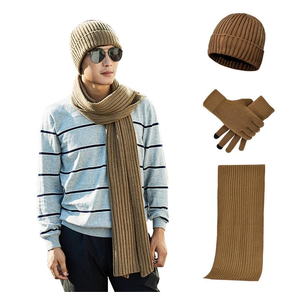 Unisex Knitted Scarf Hat and Gloves Set Stretch Hat Scarf and Mitten Set