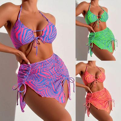 Vintage Fialové pruhované Bikiny Set 2024 Dámská Halter Hollow Out Push Up Pleate Sukně 3dílné plavky Plážové plavky Plavky