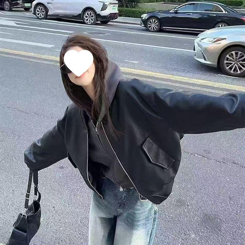 Women's Black Long Sleeve Zipper Leather Baseball Jacket - 2025 Spring/Autumn Retro Loose Motorcycle Style.