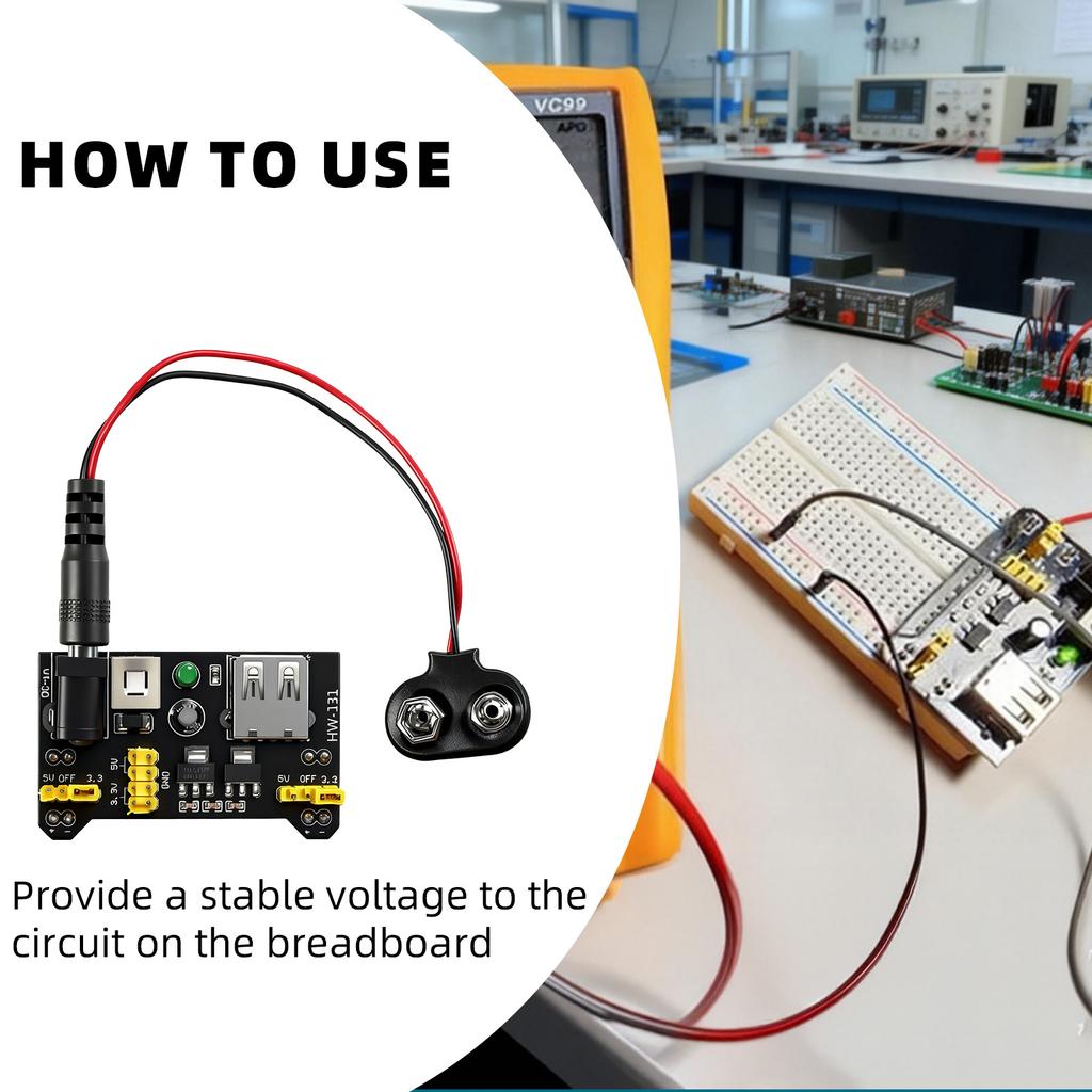 1-5set NEW 3.3V 5V MB102 Solderless Breadboard Power Supply Module 9V Battery Clip Power Cable 2.1x 5.5mm Male DC Jack Plug