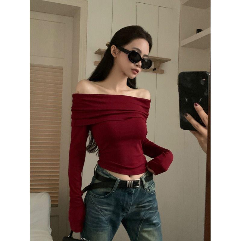 

Women s Sexy Off-the-Shoulder Long Sleeve Top – Chic, Tight-Fitting, High-End Base Layer M (Premium Quality)