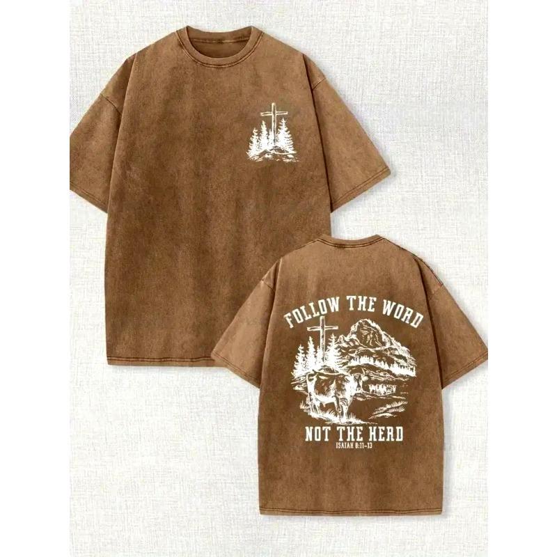 European Size Men'S Faded Short-Sleeve Tee Featuring The Bible Verse Cross Design "FOLLOW THE WORD NOT THE HERD", Embodying a Vintage Faith Style.