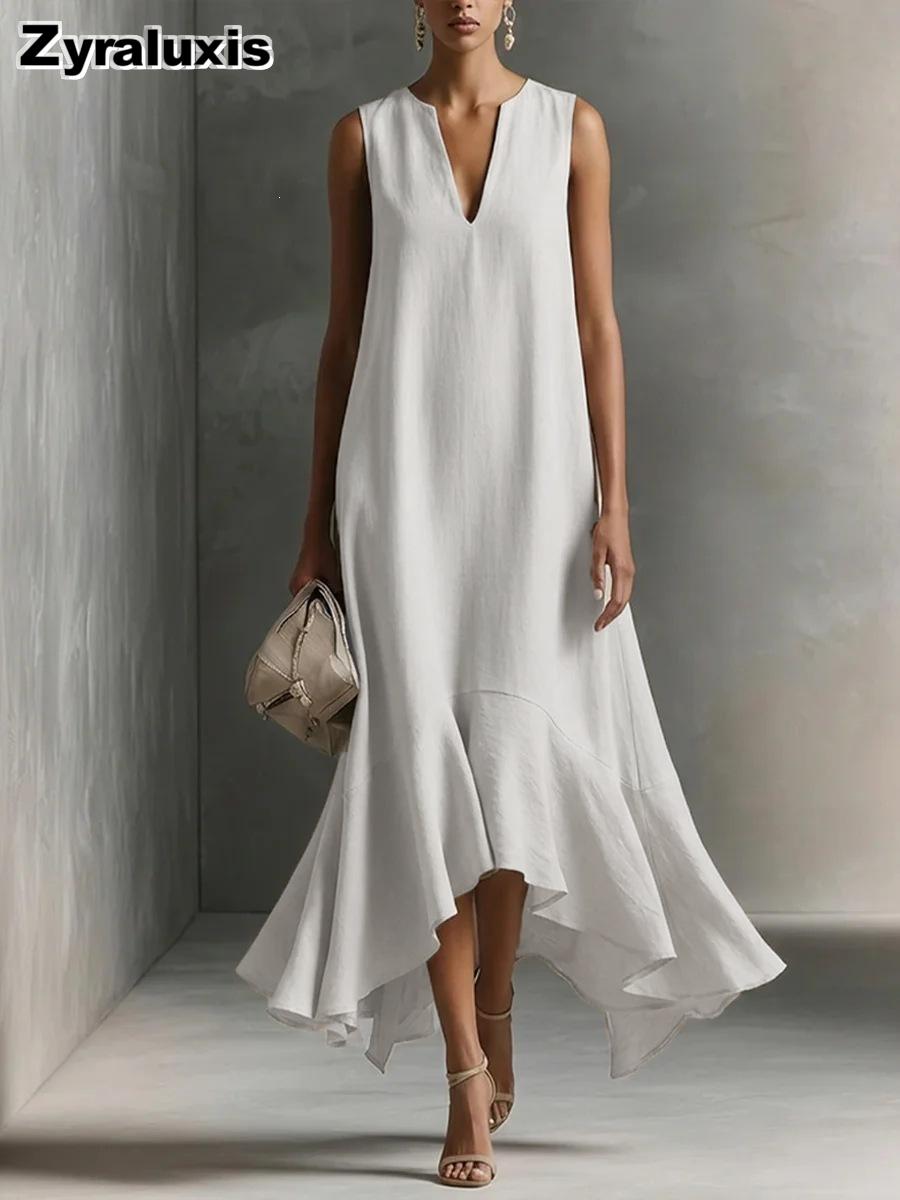 New Fashion Deep V Neck Sleeveless Slim Fit A-Line Dress with Irregular Hem S белый