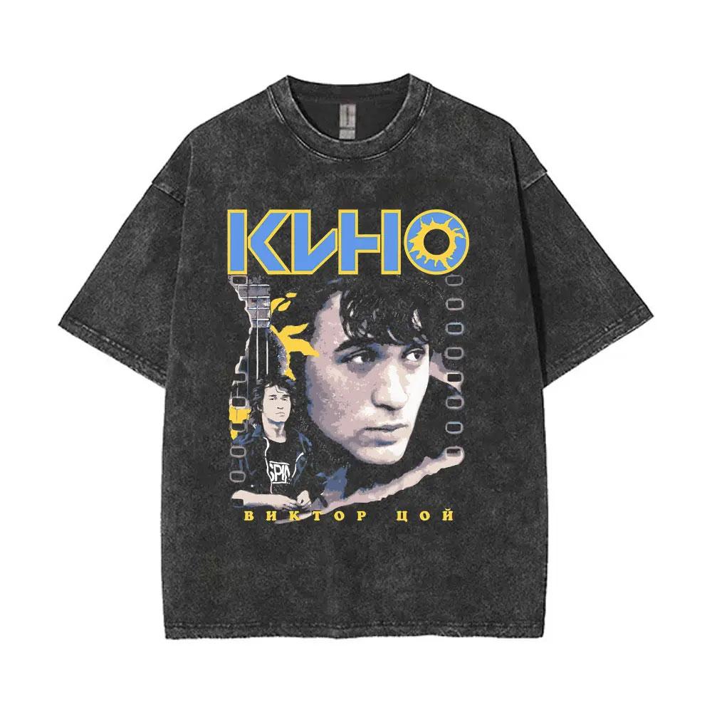 Viktor Tsoi Kino Nacht Vintage Gewaschene T-Shirts Klassische Russische Rock Gothic T-Shirts Herren Damen Lässig Polyester Übergroßes T-Shirt