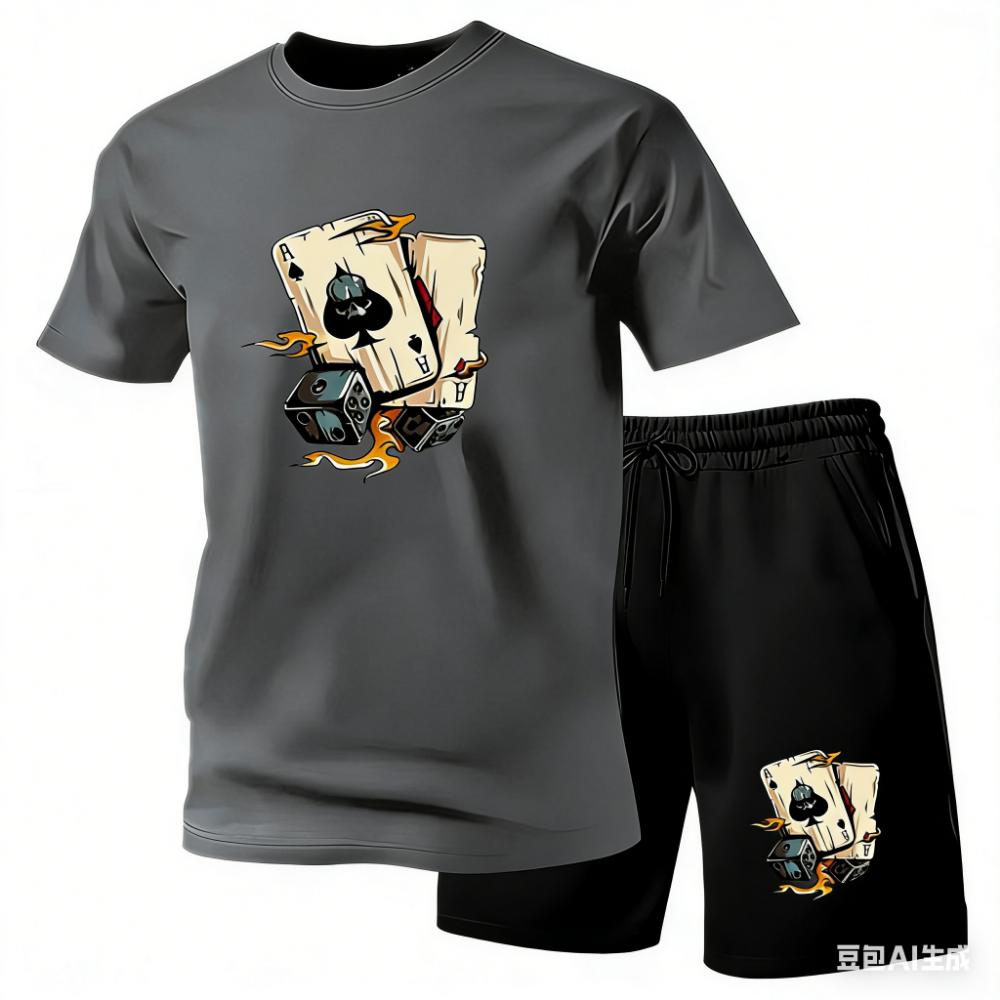 Summer Men's Casual Fashion Poker Element Pattern Printing Comfortable Round Neck Short Sleeved T-shirt and Shorts Set