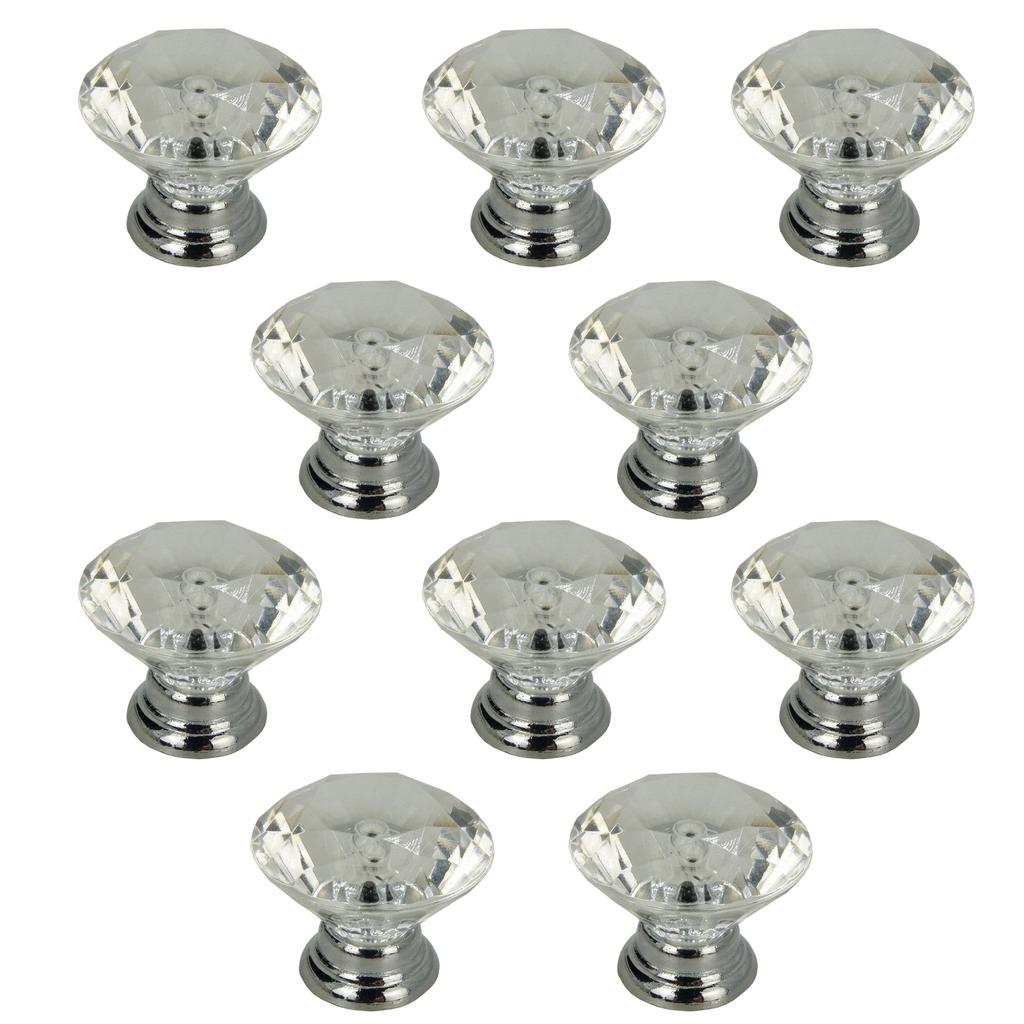 10 x Round Diamond Silver Furniture Knob