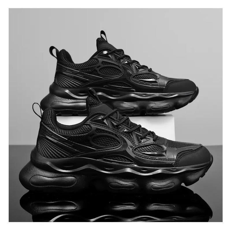 Men's All Black Chunky Sneakers Breathable Mesh Platform Dad Shoes Non-slip Casual Athletic Shoes