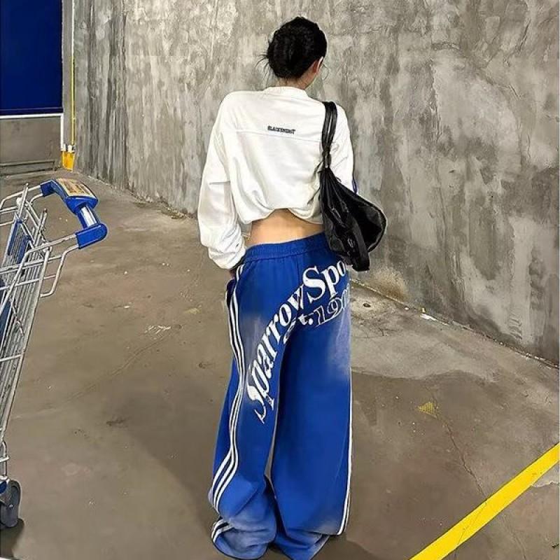 American Vintage Badge Print Track Pants Loose Fit Wide Leg Sweatpants Men Women Casual Streetwear