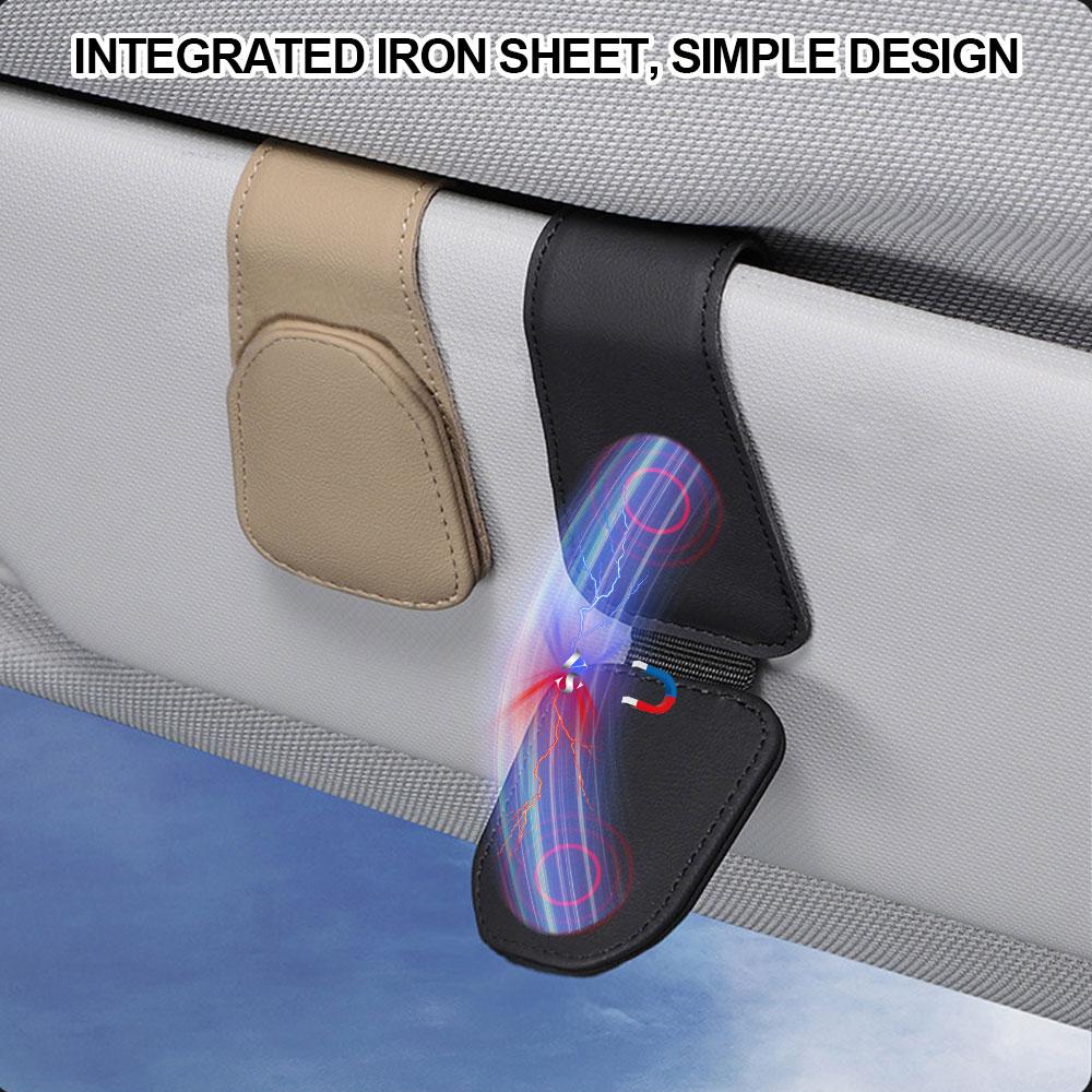 Glasses Holder Clip for Car Auto Sun Visor Eyeglass Universal Eyeglass Hanger Clip PU Leather Magnetic Multi-Function Storage