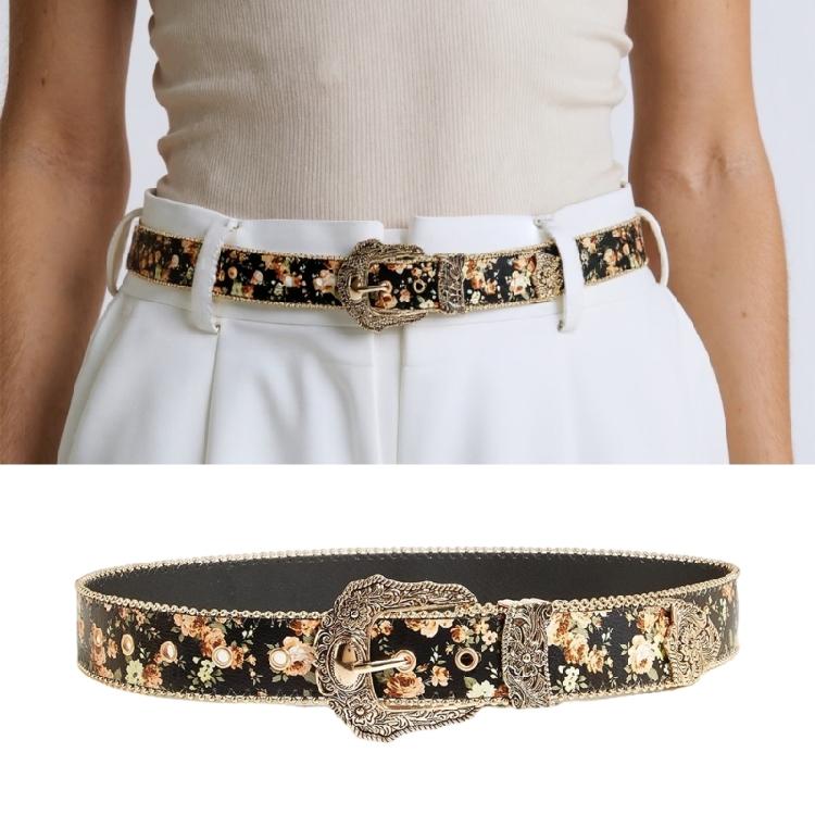 Classical Retro Floral Women's Belt Flexible PU Leather Waist Decoration Sash Adjustable Metal Clasp Everyday Use
