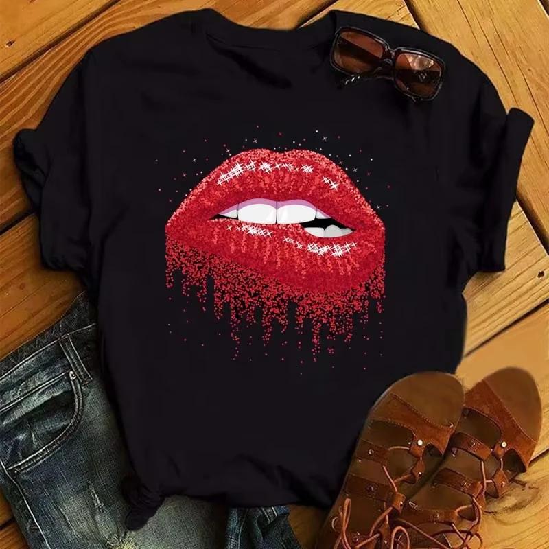 2025 Women Summer Short Sleeve Tshirts Fashion Red Lips Finger Print Ladies T-shirts Top Cartoon Womens Graphic Tees T-Shirts