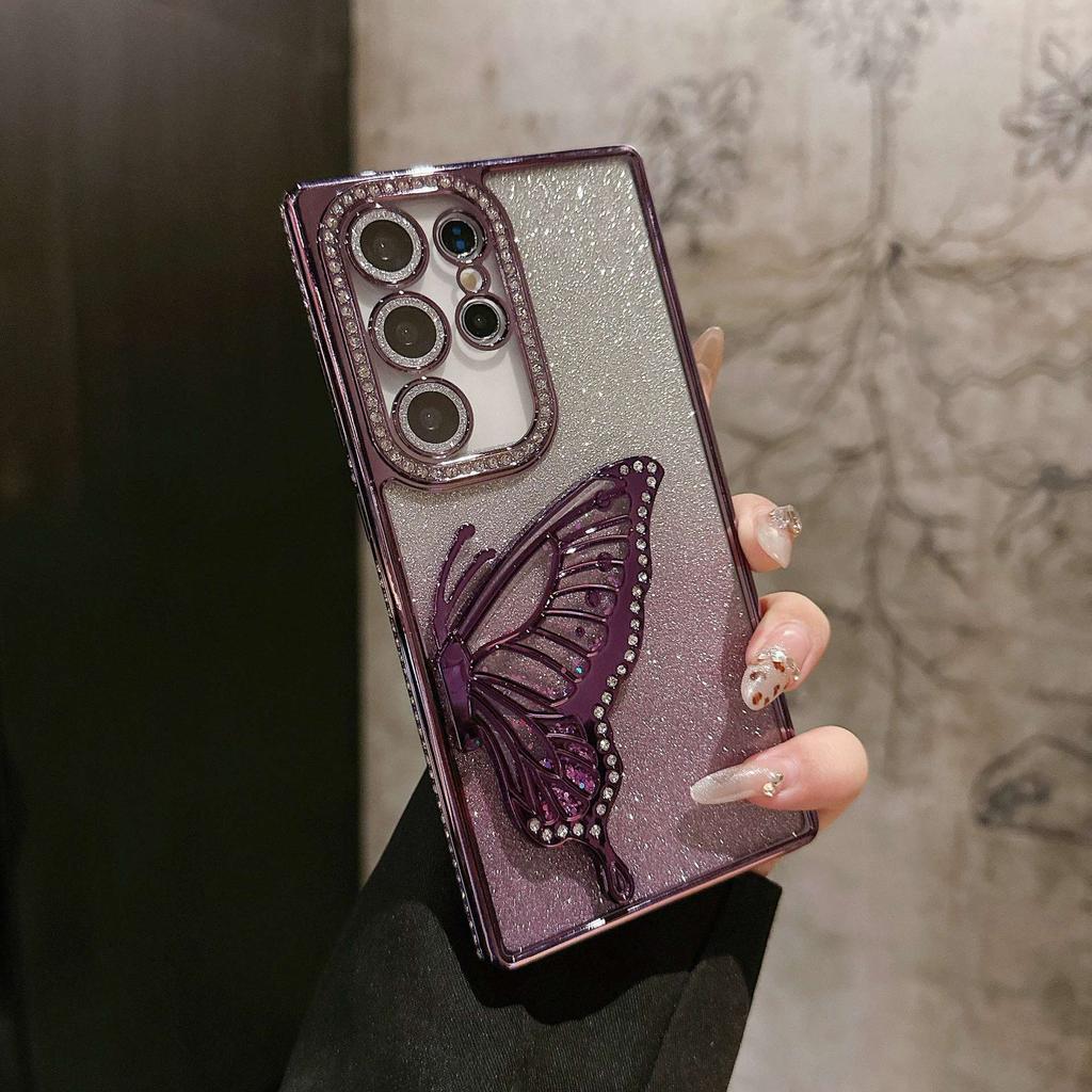 Suitable for Samsung S25ULTRA Electroplated Rhinestone Frame Glitter Butterfly Stand Mobile Phone Case A55 Full Inclusive Lens Film