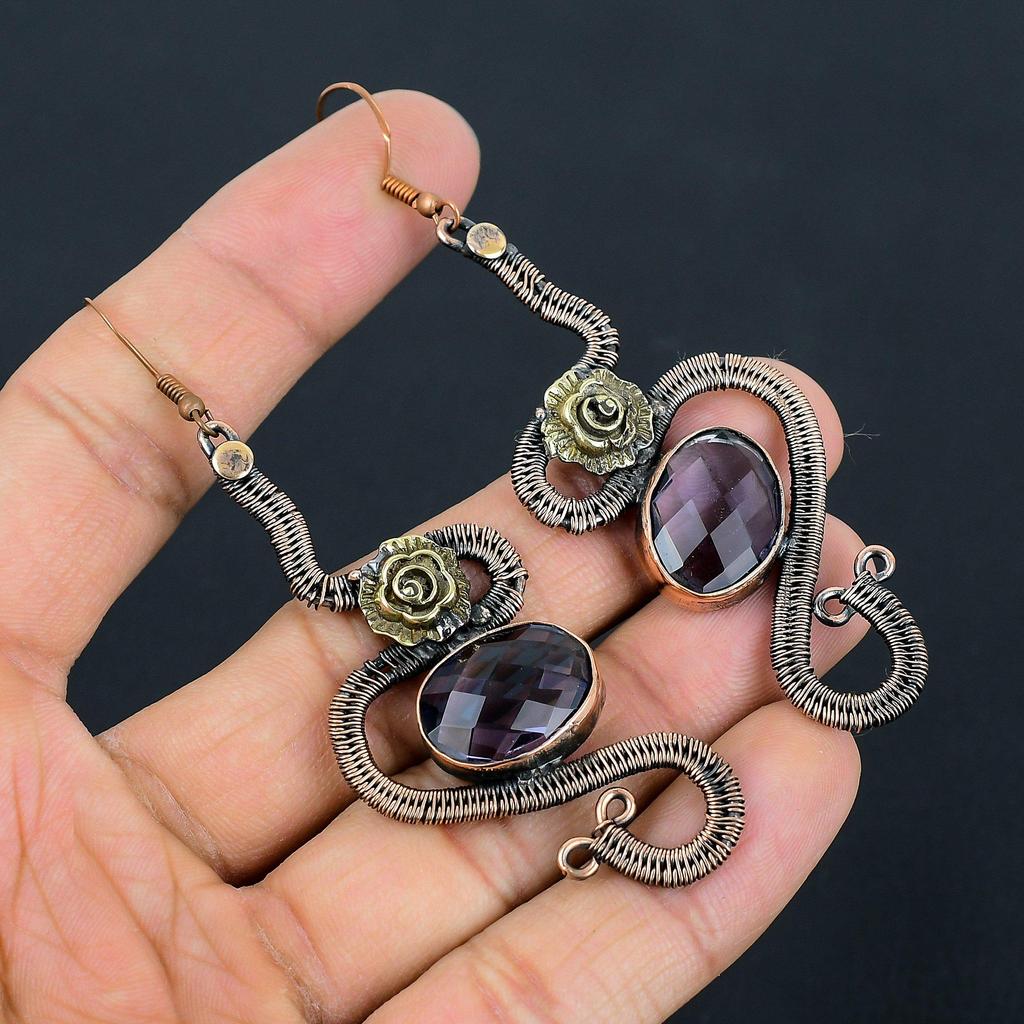 Faceted Amethyst Earrings, 999 Copper Wire Wrapped Gemstone Jewelry, Handmade Earrings, For Thanksgiving