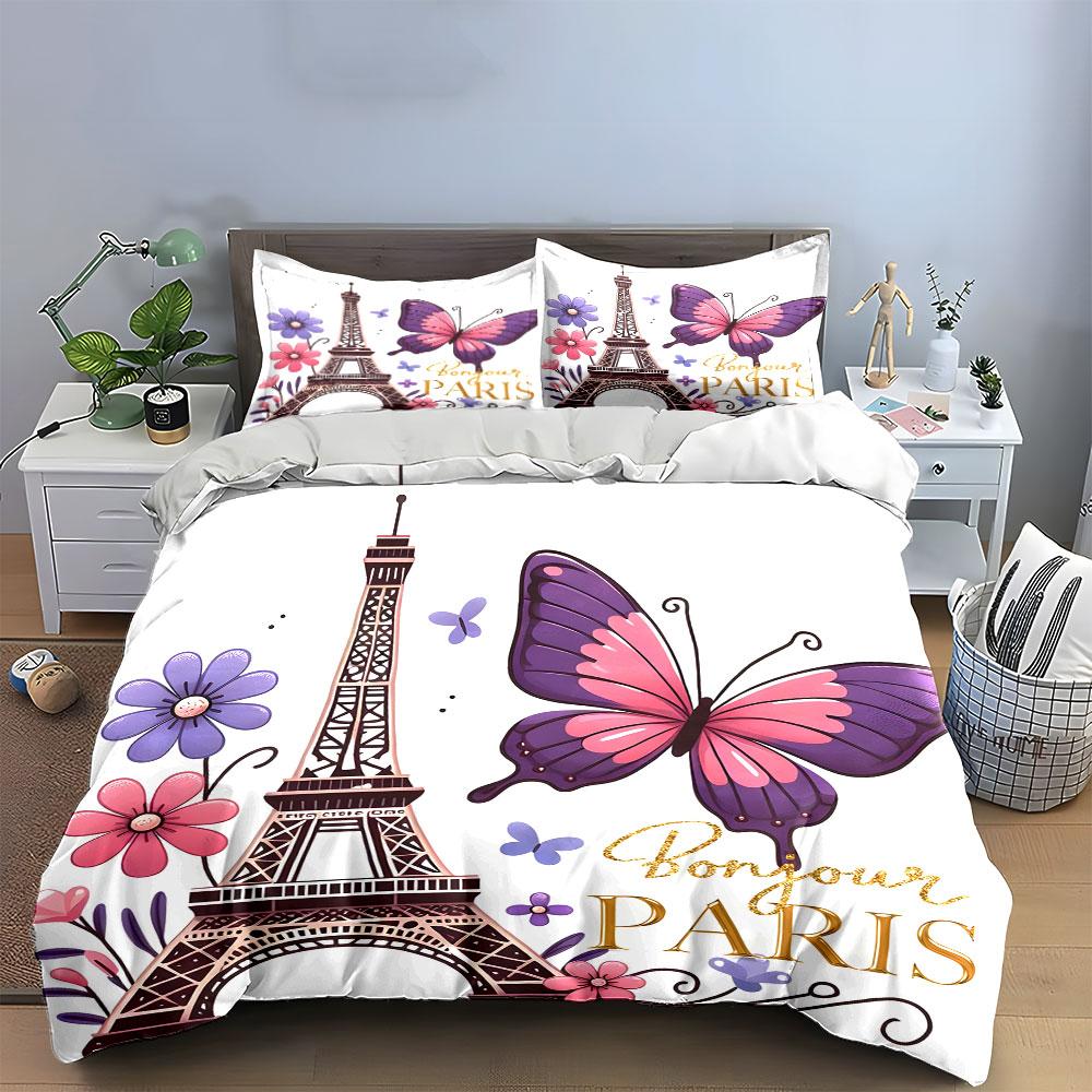 Eiffel Tower Butterfly Design Bedding Duvet Cover Set (1*Duvet Cover 2*Pillowcases, without duvet insert)