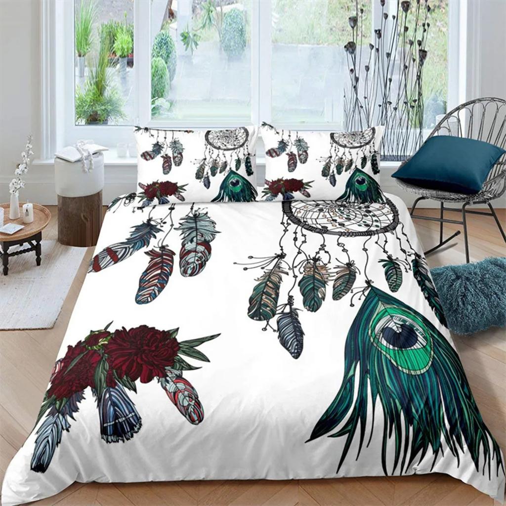 Dark Blue Peacock Feather Duvet Cover Feather Elegant Theme Chic Floral Quilt Cover For Women Teen Boys Girls Bedroom Decoration