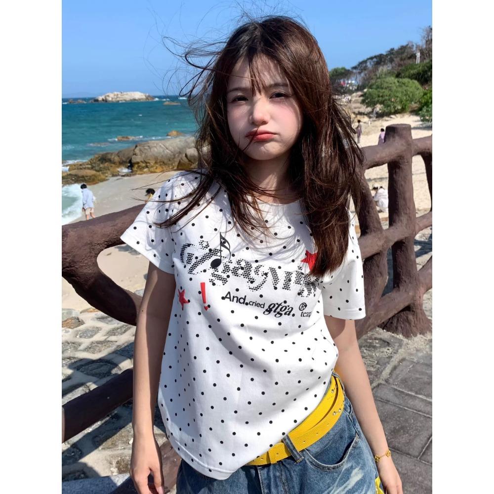 American Retro Polka Dot Letter Print Short-Sleeve T-Shirt, Elegant Youthful Drop Shoulder Women's Top for Summer