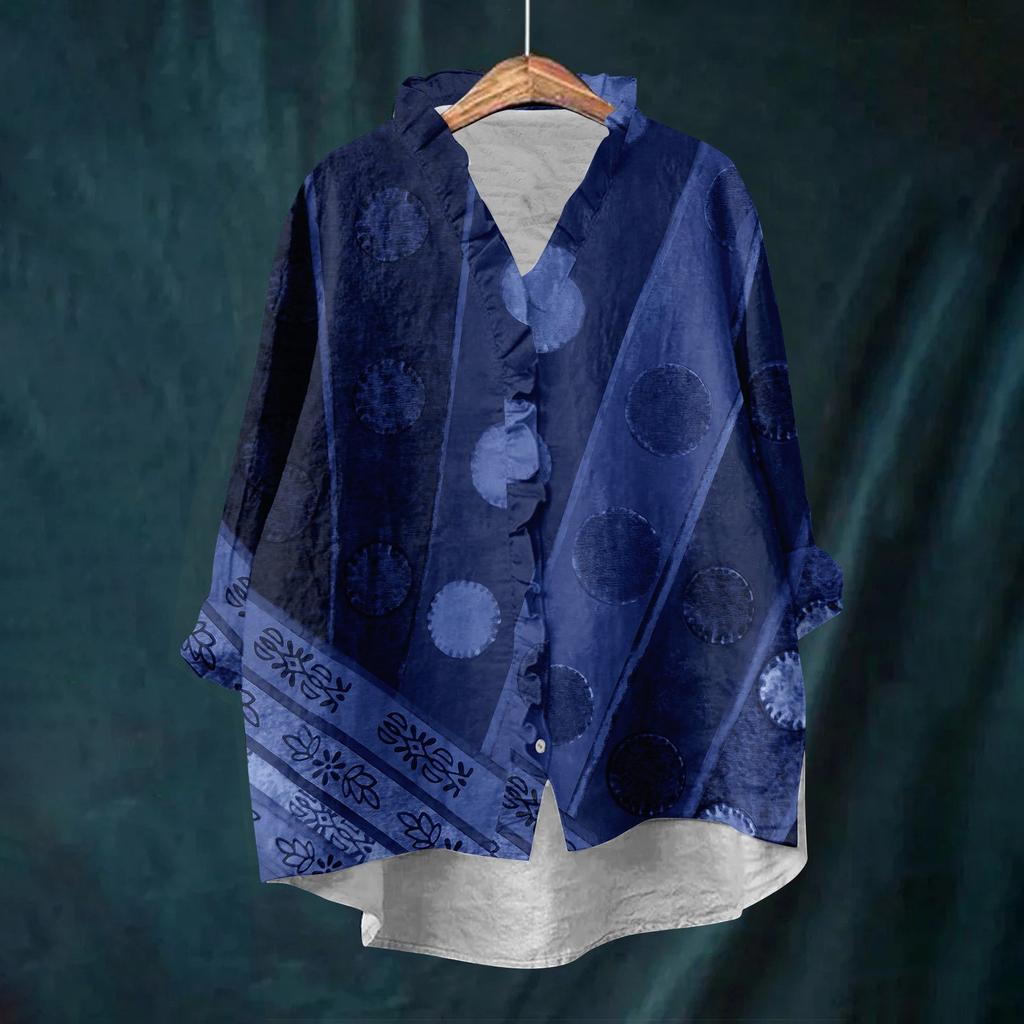 Damen Locker Rüschen Floralprint Stehkragen Langarm Baumwolle und Leinen Top