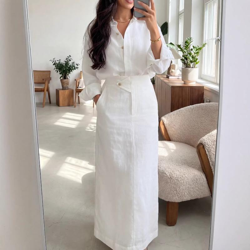 Elegantes Damen-Leinen-Set 2-teilig Bescheidenes Oversized-Hemd mit Knöpfen + Maxirock mit hoher Taille Lässiges schickes Co-ord-Outfit für den Frühling