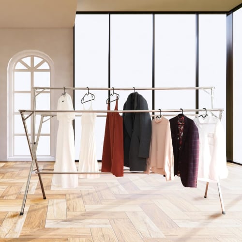 Stainless Steel Foldable and Extendable Clothes Drying Rack for Indoor and Outdoor Use, Suitable for Futon Drying. Also Suitable for Balconies and Ind