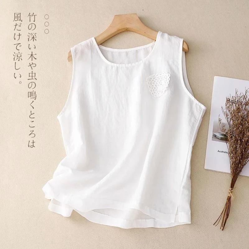 Women's Linen Sleeveless Tank Top with Lace Patch Loose Casual Top