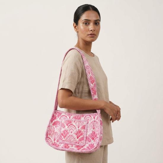 Shoulder Bag Usalover925 Pink Quilted Cotton Floral Print Shoulder Bag 03